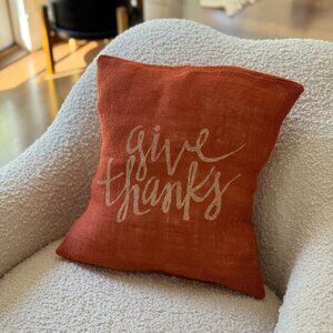 Orange Burlap "Give Thanks" Thanksgiving Decor Accent Pillow 15"x15"